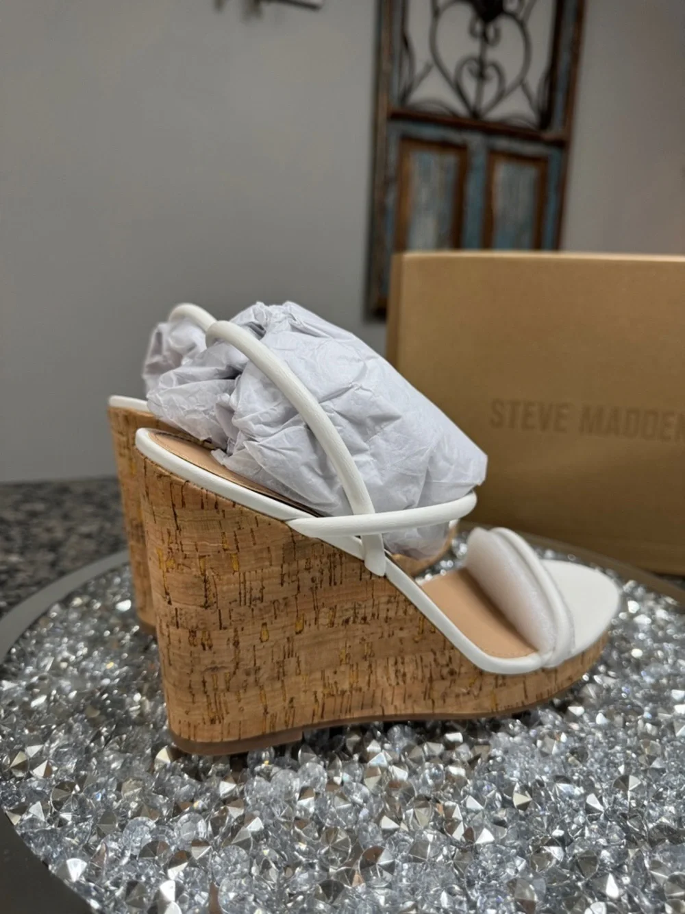 Steve Madden White leather Strappy Cork Wedge Sandals NEW 9.5